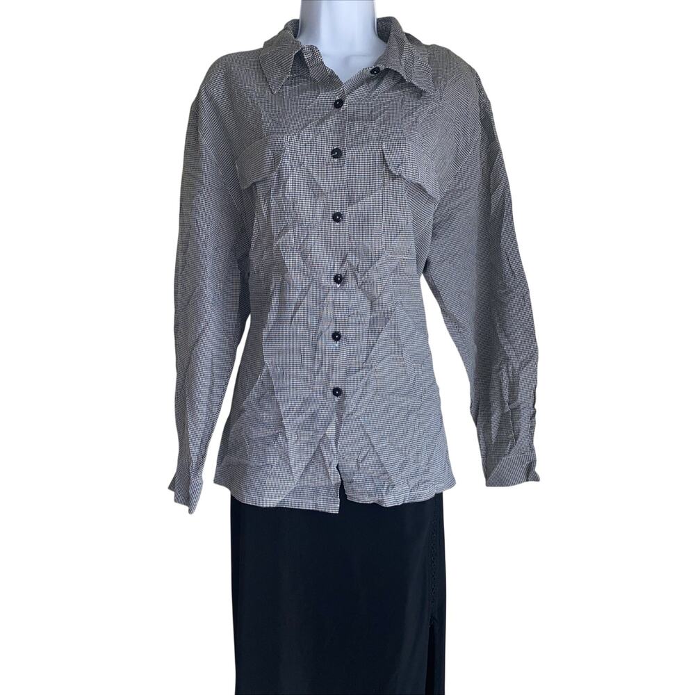 VTG Joanna Plus 1X Gangham Button Up Blouse Officecore Avant Garde Goth Corp